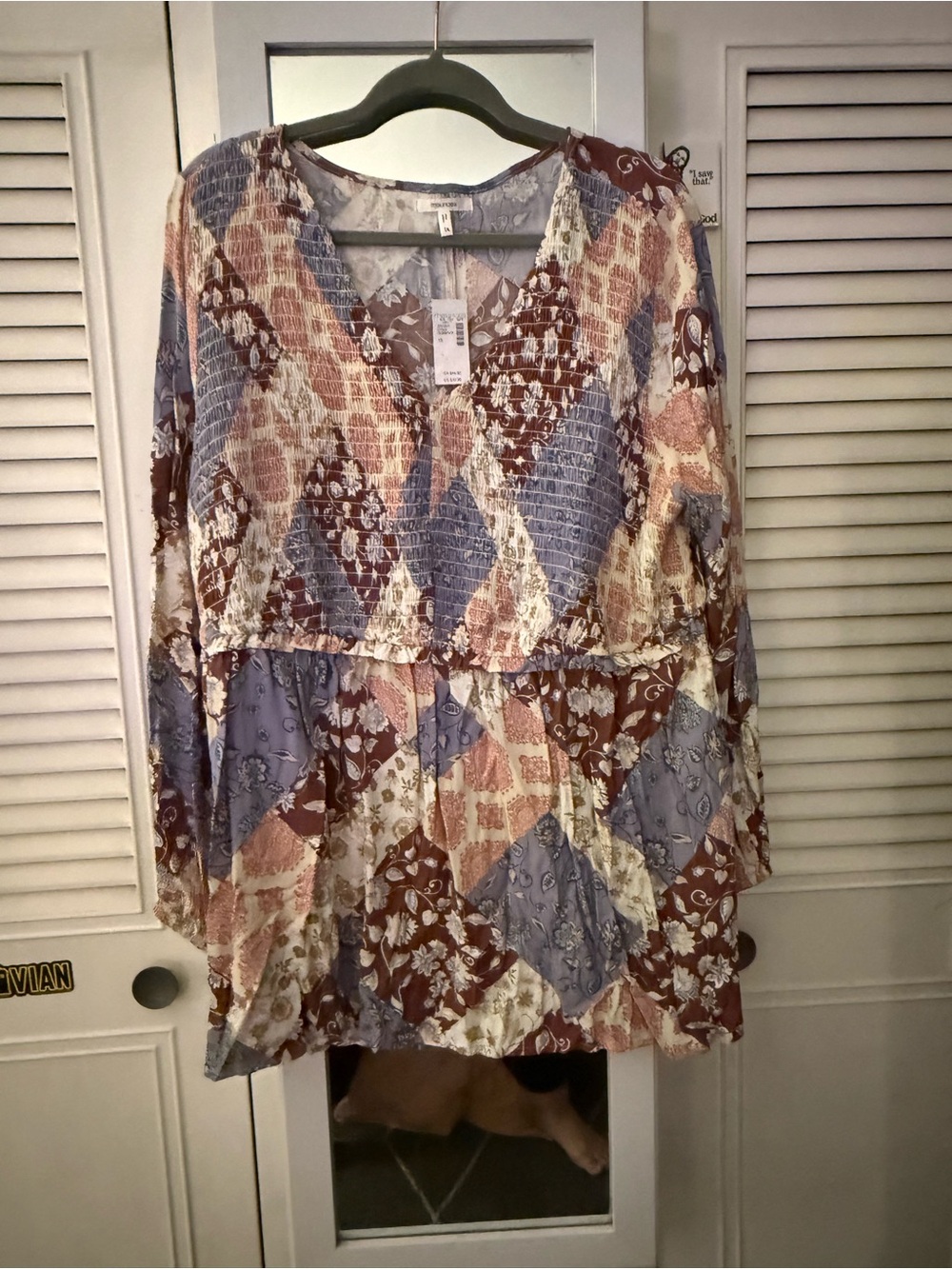 Maurices Patchwork Peplum Tunic - Blue, Brown, Cream